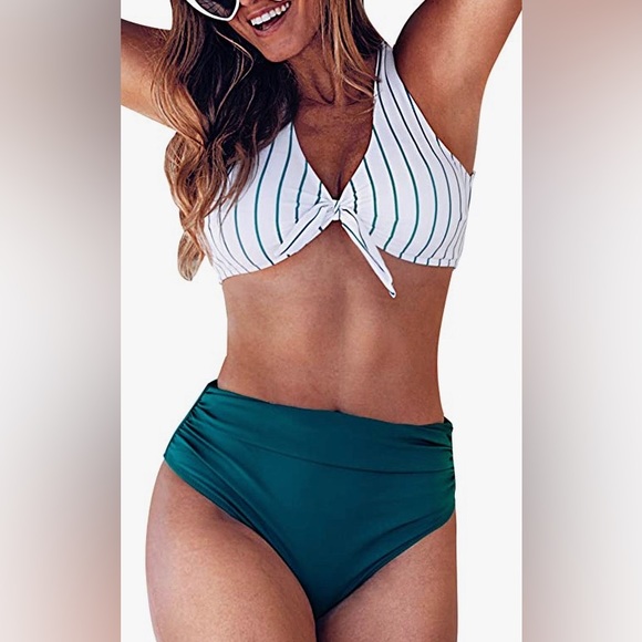 Teal Solid and Striped High-Waisted Bikini - Picture 1 of 3